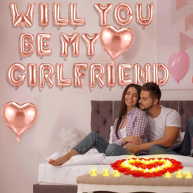 HyDren 18" Will You Be My Girlfriend Balloons Letters Kit Include Heart Shaped Balloons and LED Tealight Candles with Rose Petals Romantic Girlfriend Proposal Kit Valentines Day Decorations(Rose Gold)