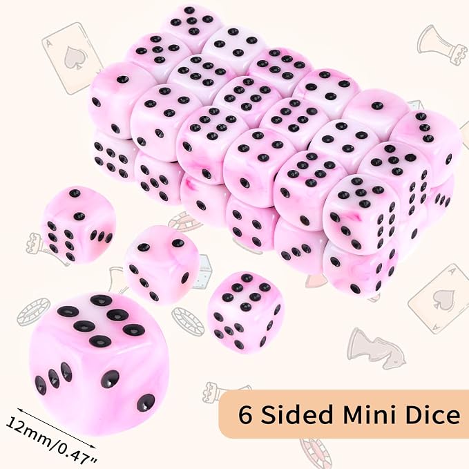 36 of Pack 12MM 6 Sided MINI Dice Set,Mixed Colours Swirls D6 Game Dice Set, 6 Sided Standard Dices for Yahtzee, Bunco or Teaching Math,with Portable Plastic Box(Pink White)