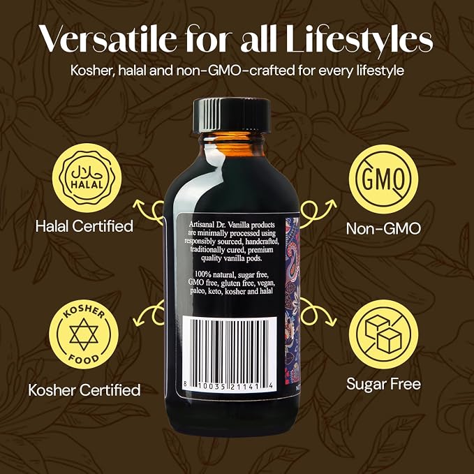 Natural Vanilla Alcohol‑Free Flavor, 4 fl oz - Madagascar Bourbon vanilla, 100% natural, sugar‑free, GMO‑free, gluten‑free, vegan, paleo, keto, kosher, and halal