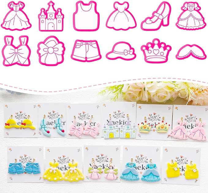 12-Piece Fashion & Castle Theme Clay Cutters Set - Princess Dress, Crown, Shoe & Castle Shape Craft Stencils for DIY Modeling Compound, Polymer Clay Art, and Earring Making Supplies