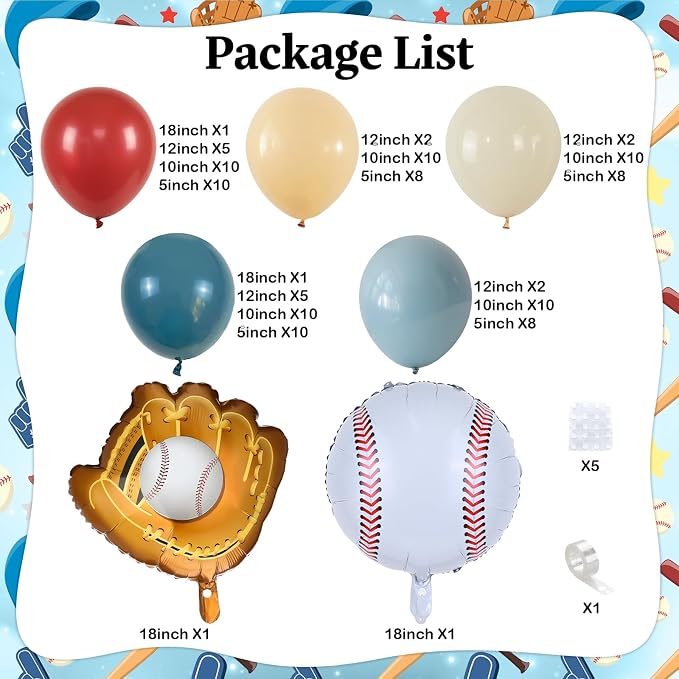 Baseball Balloon Arch Kit, 4th of July Balloon Arch Red Dusty Slate Blue Ivory Nude Balloons Garland With Baseball Foil Balloons for Men Boys Baseball Birthday Party Decorations Sport Patriotic Party