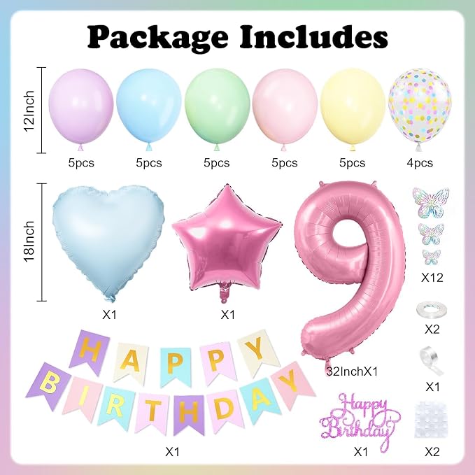 Pastel 9th Birthday Decorations for Girl,Macaron Rainbow 9th Party Decoration Colorful Balloons Banner Star Heart Number 9 Foil Balloon Cake Topper Butterfly Party Decorations