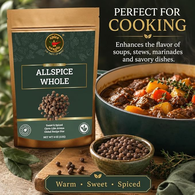 Spice Magic Allspice Whole, 4 oz (113g) - Premium Whole Jamaican Pimento Berries for Savory and Sweet Dishes I 100% Natural, Non-GMO & Freshly packed, ideal for both savory and sweet dishes.