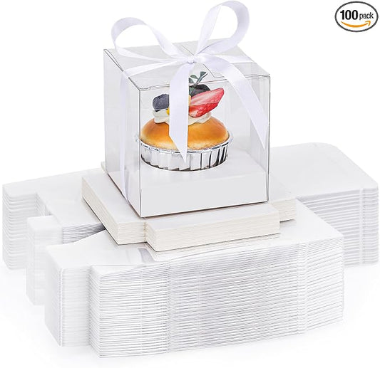 EUSOAR White Cupcake Boxes, 100 Packs 3.5 Inch Individual Clear Dessert Pastry Muffin Cupcake Containers with Inserts and Ribbon, Muffins Gift Holder Mini Cake Carrier for Wedding Party Favor Bakery