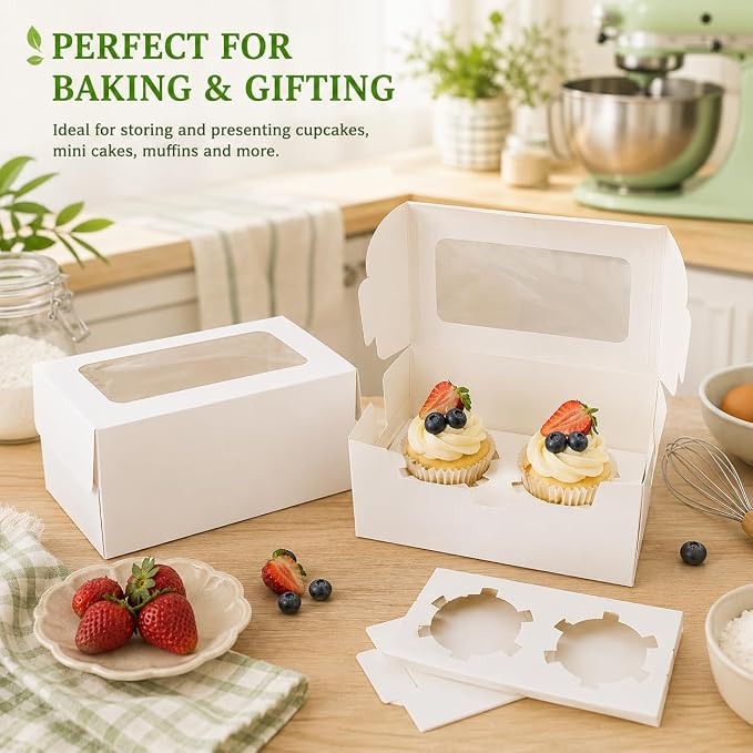 PRALB 50Pack White Paper Cupcake Boxes with Pvc Window and Two Treat Holder, Pastry and Cookie Box,Cupcake Containers Bakery Cake Box,Auto-Popup Cupcake Carriers Bakery Cake Box(6.3x3.5x3inch)