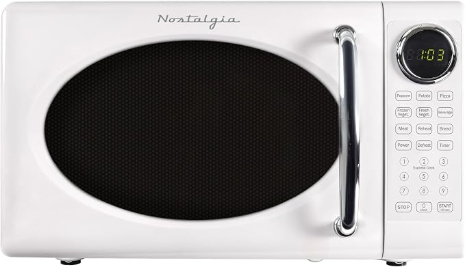 Nostalgia Retro Microwave Oven 0.7 Cu Ft, 700-Watt Countertop Size with Glass Turntable, Child Safety Lock, 8 Auto-Cook Programs, Digital Clock, White