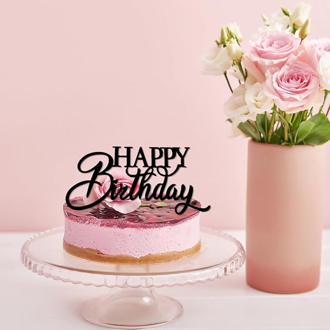 Wootkey 10 PCS Black Happy Birthday Cake Topper Mirror Acrylic Cupcake Toppers Double-Sided Happy Birthday Sign for Cake Side Cupcake DIY Birthday Gift Flower Bouquet Decor