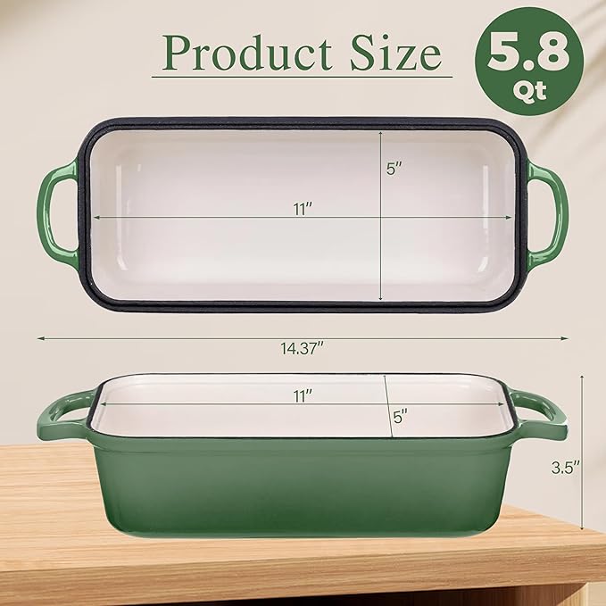 11x5 Inch Cast Iron Bread Pan with Lid, Large Loaf Pans for Sourdough Bread Baking, Even Heat Distribution Dutch Oven Loaf Pan for Homemade Bread, Meatloaf (5.8Qt, Pistachio)