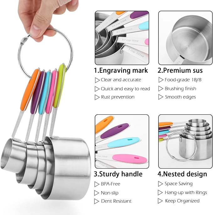 Measuring Cups and Spoons Set of 13 with Silicone Handle, Stainless Steel Nesting Measuring Cups and Spoons For Baking & Cooking (Colorful)
