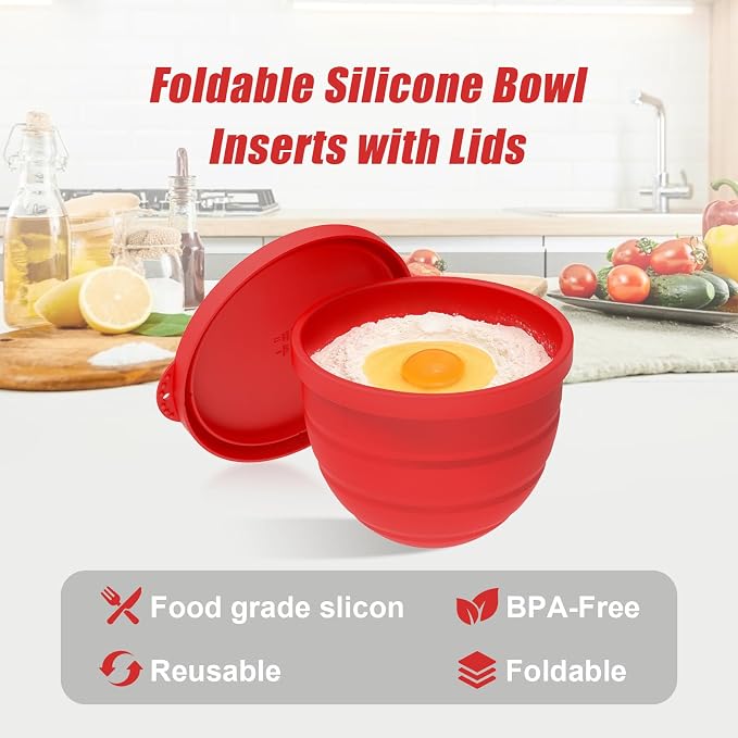 Foldable Silicone Liners for 5 Qt KitchenAid Tilt-Head Stand Mixer(Only), Odourless,Thicker, Cold/Heat-Resistant & Non-Stick, Easy Clean, with Splash-proof Bowl Lid, Red
