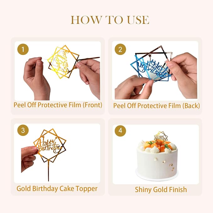 50 PCS Happy Birthday Cake Topper Acrylic Gold Cupcake Toppers, Glitter Party Birthday Cake Decorations for Women Men Girls, Elegant Dessert Picks for Anniversary Celebration, Gold 50 Pack
