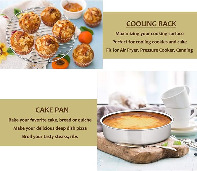 E-far 9½-inch Cake Pan with Rack Set, Stainless Steel Round Cake Pans and Baking Cooling Racks, Non Toxic & Healthy, Mirror Polished & Dishwasher Safe - 4 Pieces (2 Pans + 2 Racks)