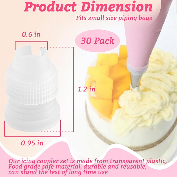 30 Pack Piping Bag Couplers for Icing Nozzles, Small Couplers for Piping Bags, Transparent