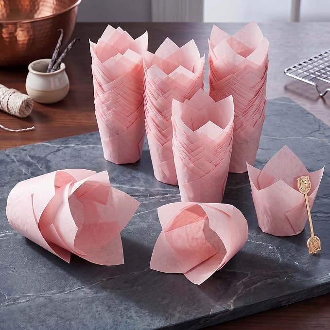 200 Pcs Pink Tulip Cupcake Liners for Baking, Standard Size | Standard Greaseproof Tulip Muffin Liners for Baking, 3oz Pink Paper Cupcake Wrappers for Party Wedding Birthday