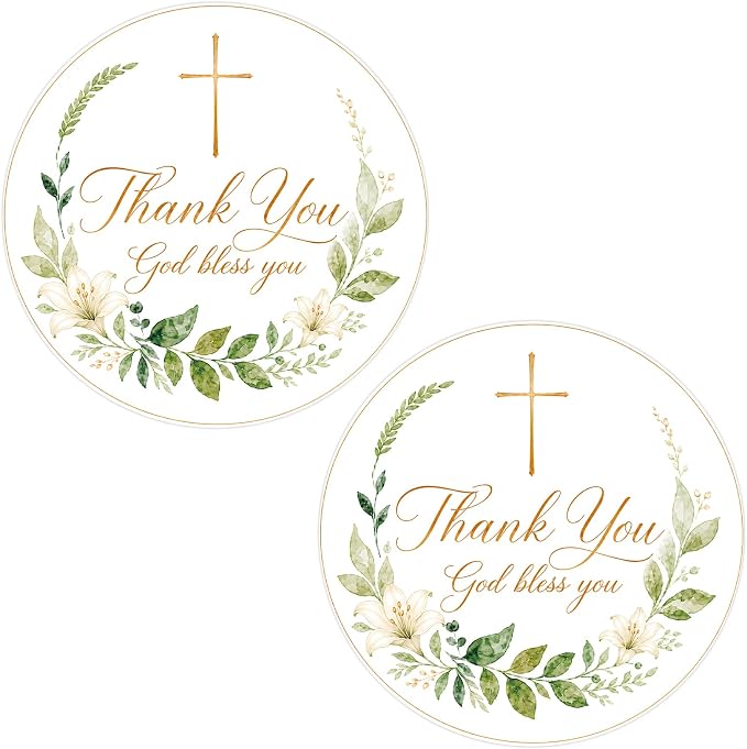 Louise Maelys 120 Pcs Christian Thank You Stickers, 2 Inch God Bless Labels | God Bless You with Cross Floral Design, Church Gifts, Envelopes, Party Favors, Baptism, Small Business Packaging