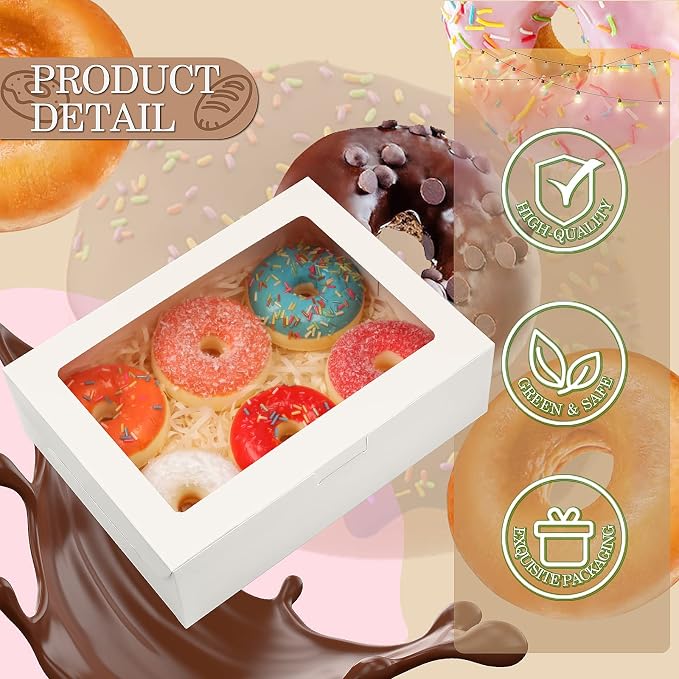 KPOSIYA 65 PCS 8x6x2.5 Inch Cookie Boxes with Window White Bakery Boxes Pastry Boxes for Gift Giving, Treat, Dessert, Cupcakes, Chocolate, Strawberries, Donuts, Muffins (5 Style Windows)