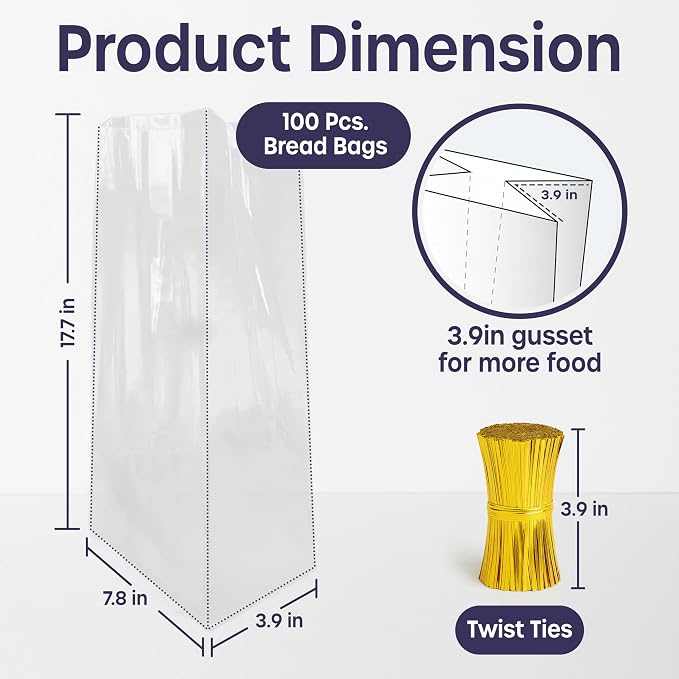 Reusable Plastic Bread Bags - 100 Pack Clear Loaf Bags for Homemade Bread - Perfect for Baked Goods Storage