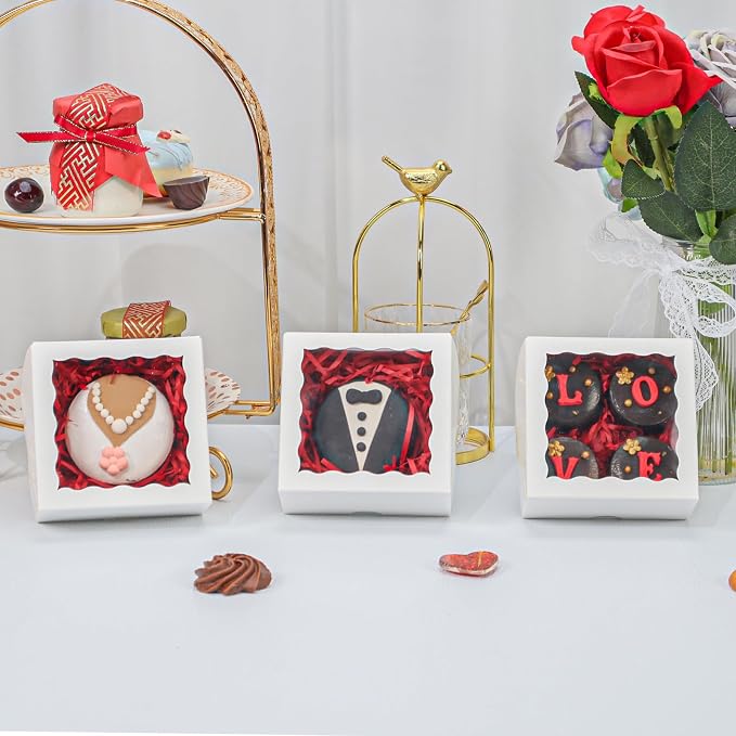 100 Pcs 4x4x2 Inch Chocolate Truffle Pastry Gift Boxes Bakery Boxes Cookies Soap Box Dount Box Chocolate Covered Strawberries Boxes Cake Treat Box for Party Favors