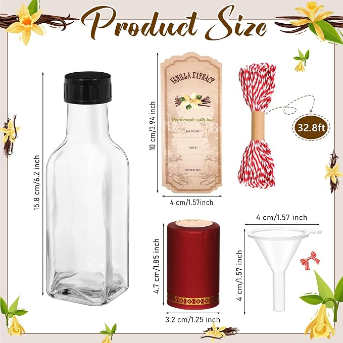 Tioncy 12 Pcs Vanilla Extract Bottles for Homemade Vanilla Jar Glass Square Bottle with Cap Shrink Band Sticker Syrup Food Storage Canister for Liquids Bean Sauce Spice Gift Giving(Mixing,5 oz)