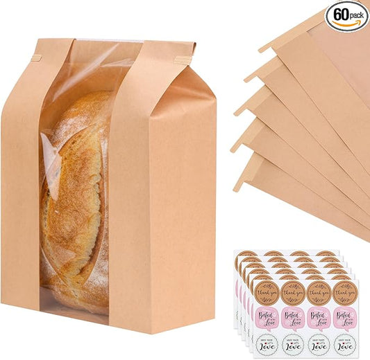 Moretoes 60 Pack Large Sourdough Bread Bags for Homemade Bread, 13.7x8.3x3.5 Inches, Paper Bakery Bags with Tin Tie Tab Clear Front Window Includes 72Pcs Label Seal Stickers