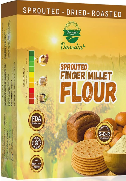 Danodia Foods Organic Finger Millet Flour 2lbs | Gluten Free, Low GI, Sprouted, Roasted & Ground Millet Flour for Flatbread, Pancakes & Baking, Cookies, Pizza Base