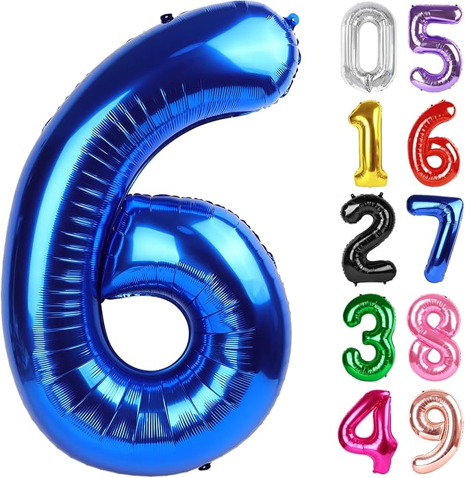 Metallic Blue Number 6 Balloon 40 Inch, 6th Birthday Party Decorations for Children, Giant 6 Foil Balloon for Party Supplies