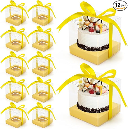 12 Pack Clear Plastic Cupcake Boxes, 3.5 Inch Gold Single Cupcake Containers Disposable Individual Cup Cake Carrier Holder Boxes with Inserts and Ribbon (Yellow)