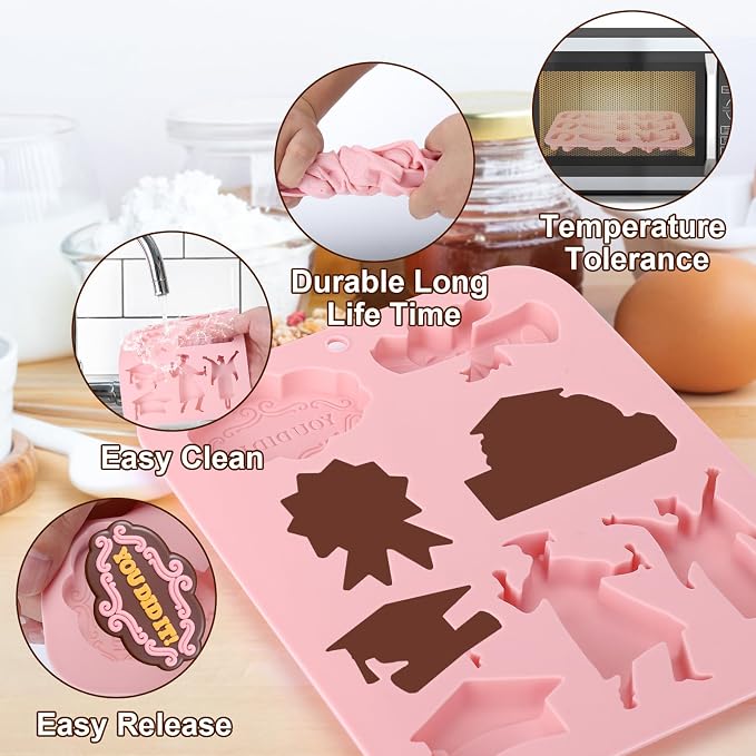 Palksky Graduation Silicone Molds, Grad Chocolate Candy Mold with Cap Diploma Congrats Scroll 3D Shape for Baking Chocolate Gummy Cookies Fondant Cupcake Cake Decor, Graduation Party Decoration