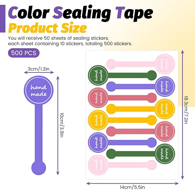 500pcs Handmade Food Baking Seal Stickers, Colorful Self Adhesive Bakery Stickers, 3.9in Long Strip Tamper-Proof Packaging Sealing Labels for Lollipop Cake Cookie Bread