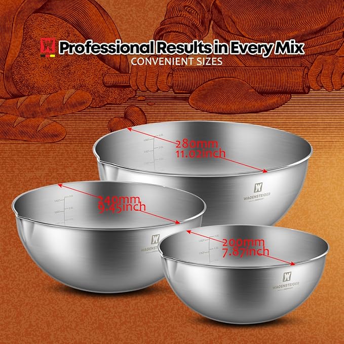 WAGENSTEIGER 3-Piece Stainless Steel Mixing Bowl Set, Silver Color, Nesting Bowls with Pure Spout, Multipurpose Kitchen Basket, 1.56Quarts/3.17Quarts/4.23Quarts (No Color Added)