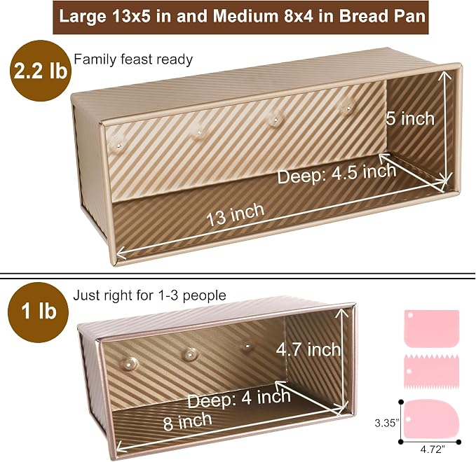 Pullman Loaf Pan with Lid, Sandwich Bread Loaf Pan, 2 Pack, Golden | Pullman Bread Pan with Lid, 13x5 & 8x4 Inch, Nonstick Aluminized Steel Sourdough Bread Loaf Pan 2.2lb & 1lb Pullman Loaf Pan