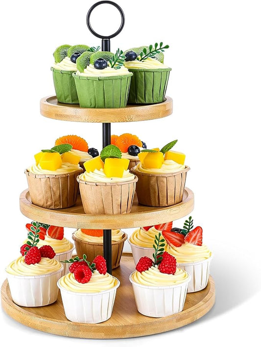 3 Tier Cupcake Stand, Cake Stand Tower, Dessert Table Display Set for Party | PUPOMIO Bamboo Dessert Stands, Wooden 3 Tier Serving Tray, Desert Table Display Set For Wedding/ Birthday/ Afternoon Tea