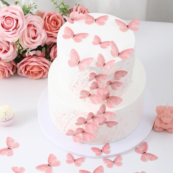 58Pcs Pink Edible Butterflies Cake Toppers Wafer Glutinous Paper Butterfly for Cake Cupcake Decoration Colorful Small Pastel Cupcake Topper Decoratings for Wedding Birthday Baby Shower(Mix Size)