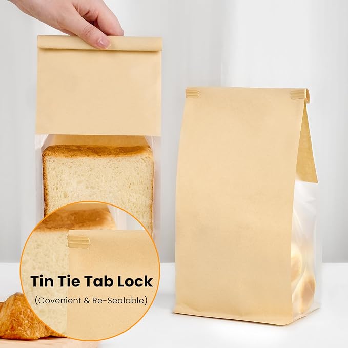 Ocmoiy 50 Pack Cookie Bags with Window, 5.1x3.9x11 Inches Tin Tie Tab Lock Bakery Packaging Bag, Resealable Paper Pastry Bags for Bagels, Popcorn, Treat