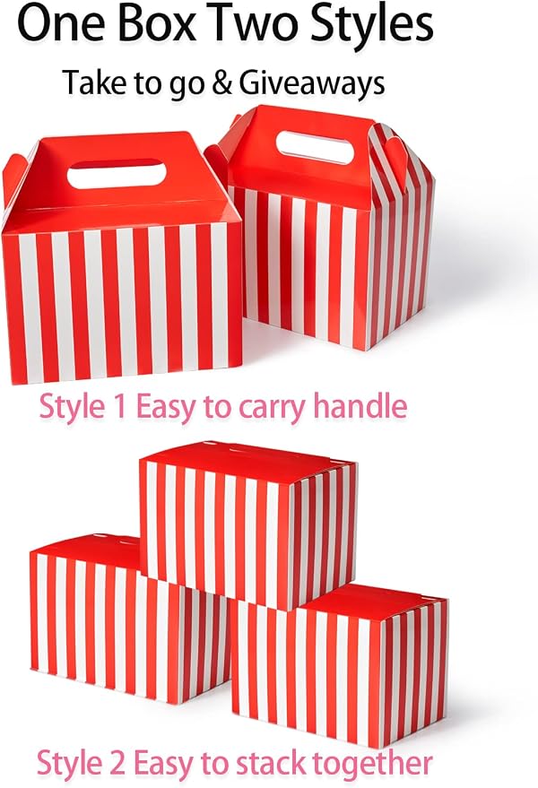Happyhiram 30 Pcs Large Treat Boxes with Handle Red and White Stripes, 9x6x6 Gable Christmas Gift Boxes Party Favor Boxes Barn Style Carry Out Lunch Box Recyclable Paper Holiday Packaging Boxes