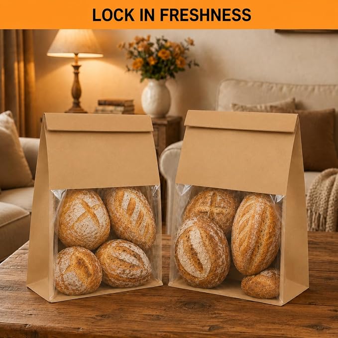 Extra Large Bread Bags for Homemade, 200 Count, 50% Thicker Sourdough Paper With Ties, 15.7*10.2*5.1 in, Tin Tie Tab Lock Bakery Bags With Window and Sealing Stickers for Storage Packaging Gifting