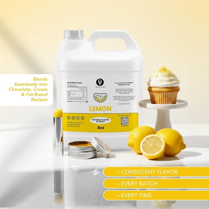Dolce Flav Natural Lemon Extract – 8 Ounce Oil-Soluble Kosher, Sugar-Free, Concentrated Fresh Citrus Lemon Flavor for Baking, Chocolates & Desserts