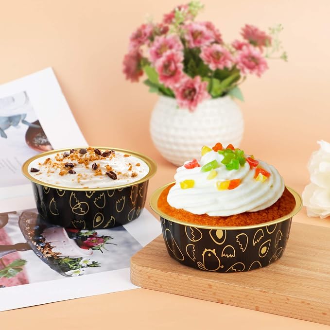 Beasea Disposable Ramekins 8oz, 100 Pack Foil Cups with Lids Cupcake Cups Black Gold Aluminum Foil Cups Creme Brulee Muffin Cupcake Baking Cup Mini Pudding Cake Tins for Party Wedding Birthday