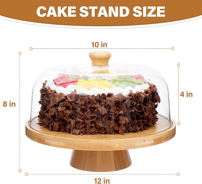 Bamboo Cake Stand with Lid, 6-in-1 Multifunctional Cake Plate, Cake Holder, Serving Tray, Fruit Platter, Salad Bowl, Dessert Table Display & Acrylic Cake Dome Cover