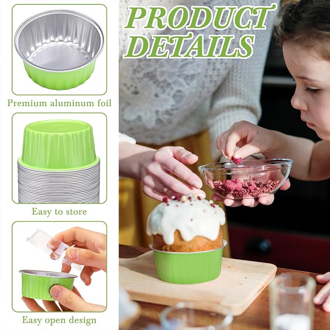 200 Pack Aluminum Foil Cupcake Liners with Lids, 5 oz Round Baking Cup, Disposable Ramekin Container for Graduation Wedding Independence Day Party(Green,Plain)