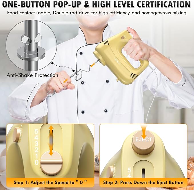 GUALIU Electric Hand Mixer with Stainless Steel Whisk, Dough Hook Attachment and Storage Bag, Handheld Mixer for Baking Cakes, Eggs, Cream Food Mixers. Turbo Boost /5 Speed Kitchen Blender Yellow