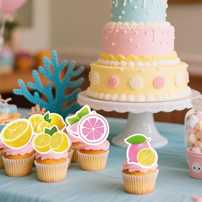 72Pcs Edible Lemon Cupcake Toppers Fruits Theme Party Decorations Lemonade Theme Cupcake Toppers for Summer Fruit Theme Theme Party Wedding Bridal Shower Supplies