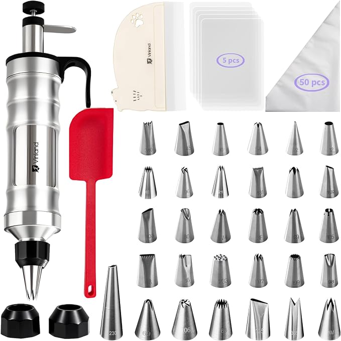 Dessert Decorating Syringe Set icing piping kit Stainless Steel frosting piping kit with 31 professional piping tips 50 disposable piping bags 1 silicone spatula 1 set of soft cake scrapers (Black)