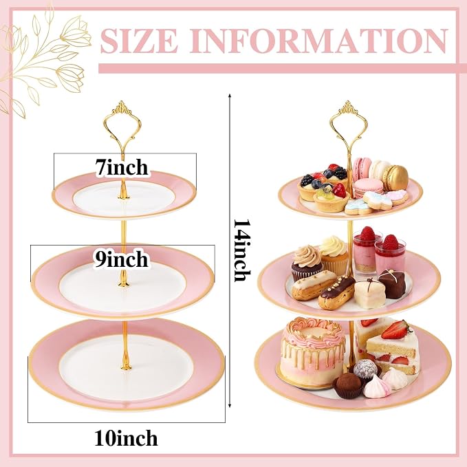 CHENGU 3 Tier Cupcake Stand Pink Ceramic with Gold Frame, 10" 9" 7" Dessert Tower for Baby Shower Birthday Wedding Tea Party, Tiered Cake Holder Display for Cupcakes Pastries Fruits