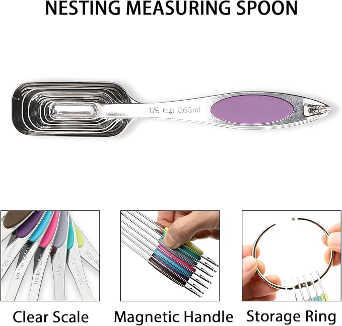 Magnetic Measuring Spoons Set of 7,Stainless Steel Measuring Spoons with Leveler,Nesting Measuring Spoon for Dry & Liquid Ingredients (7, Colorful)