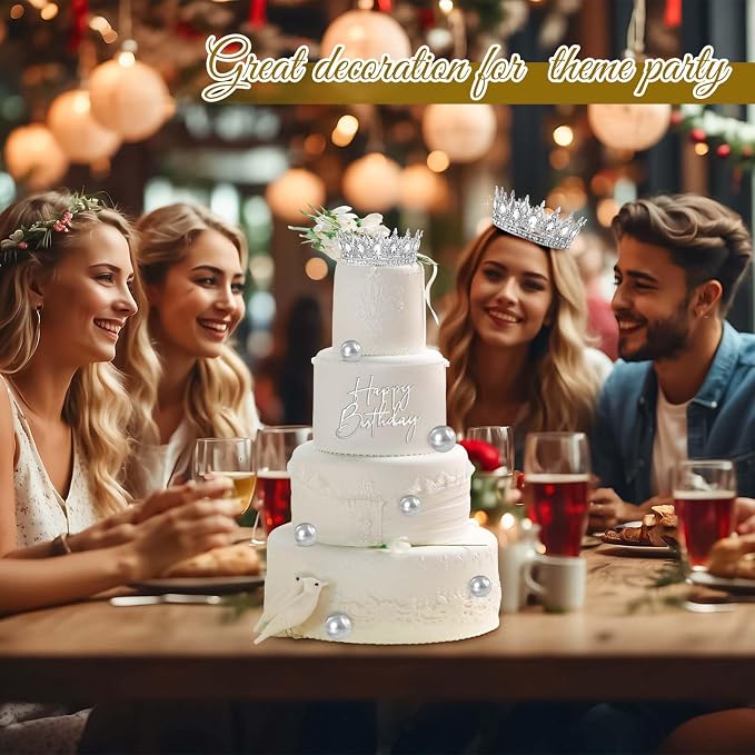 8 Pcs Silver Queen Crown Cake Topper, Happy Birthday Cake Toppers Foam Balls Rhinestone Crystal Tiara Wedding Decoration for Princess Party Photo Props for Women Princess