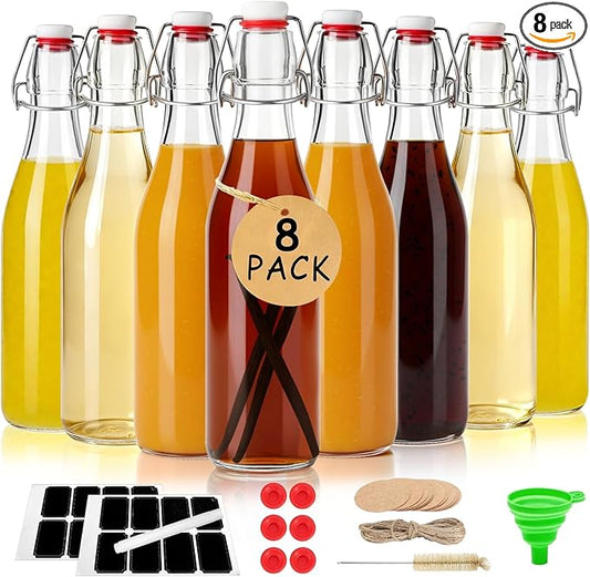 Ruckae 8 Pack 16oz Swing Top Glass Bottles with Air Tight Lids Kombucha Coquito Flip Top Glass Bottle Kefir Syrup Vanilla Extract Beer Brewing Bottles for Gift (16 oz 8 pack)