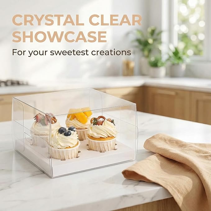 Cedilis 20 Pack Clear Cupcake Boxes with Gift Ribbon, 4 Count Plastic Cupcake Containers, Cupcake Carrier Holder for Treat Dessert Cookies Muffins Pastry Baby Shower Party