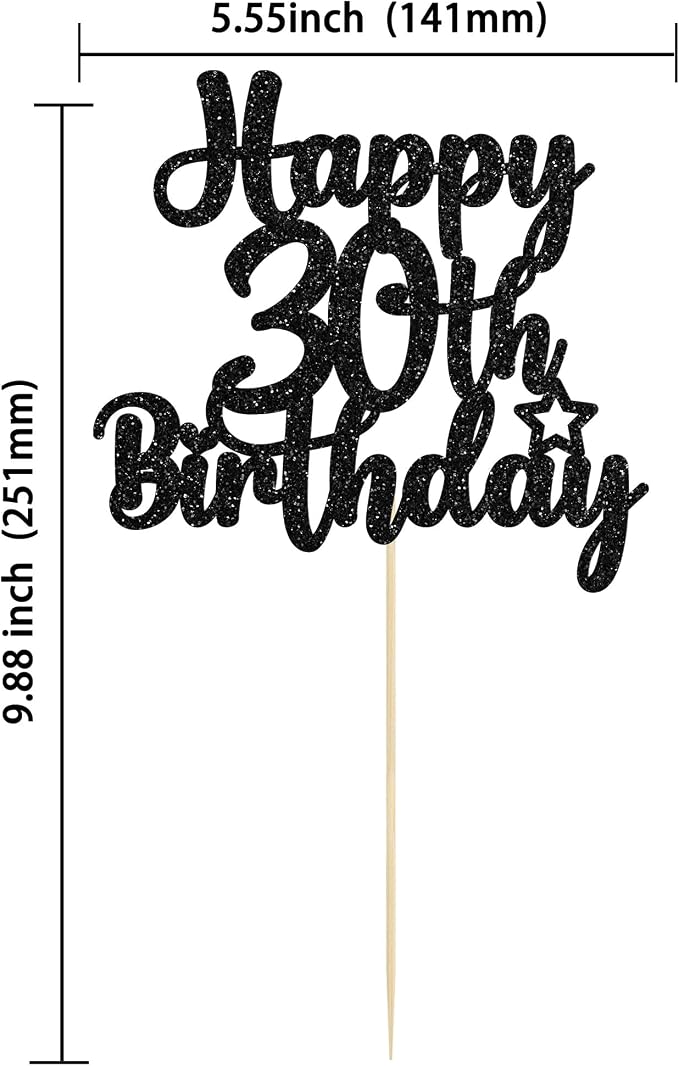 Gyufise 1Pc Happy 30th Birthday Cake Topper Glitter 30 & Fabulous 30th Birthday Cake Pick for Celebrating 30th Birthday Anniversary Party Cake Decorations Supplies Black