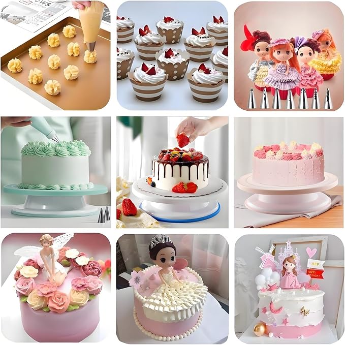 Cake Decorating Kit, 390 Pcs Baking Supplies (Pink) | Cake Turntable, Leveler, 55 Numbered Icing+Skirt Tips, 2 Spatulas, 3 Scrapers, 100 Pastry Bags,150 Cupcake Liners & More